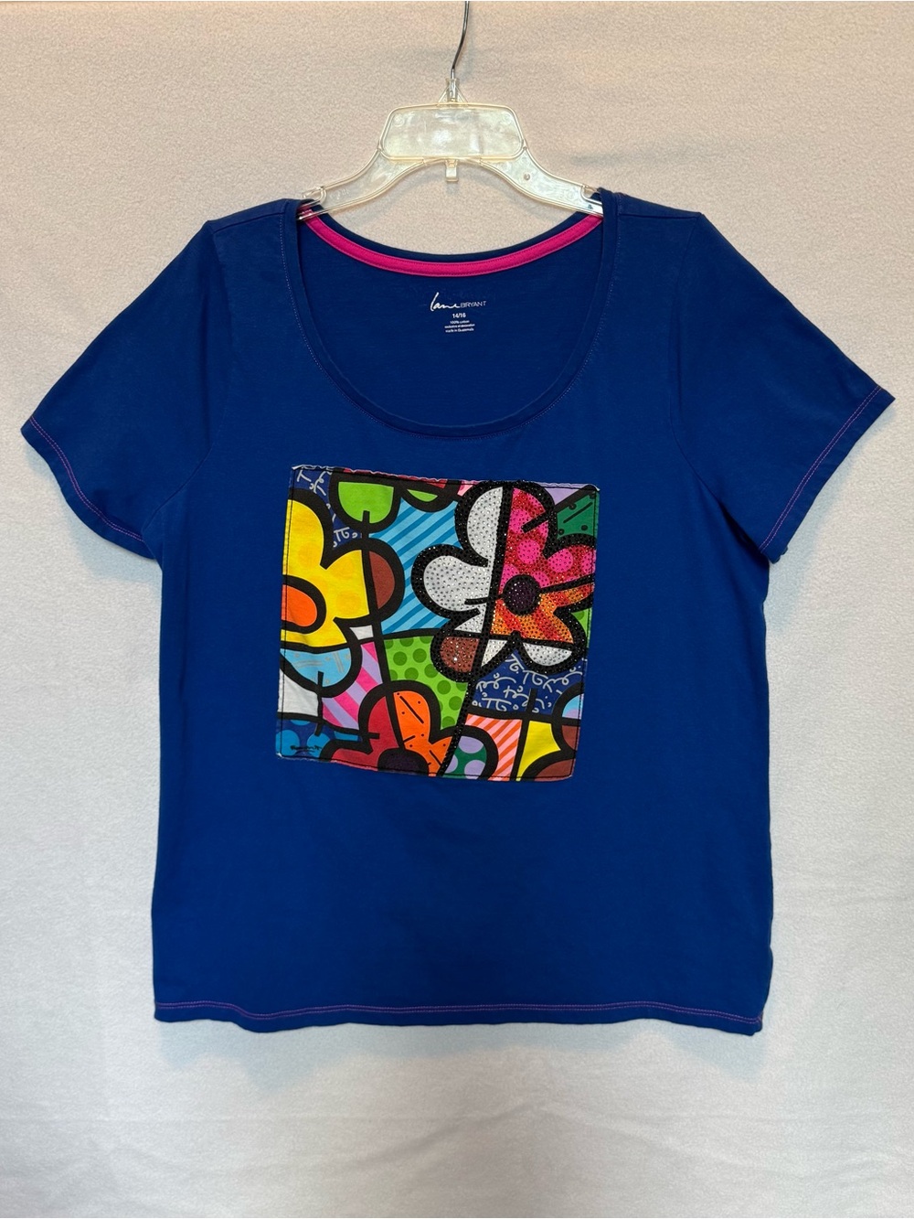Lane Bryant Royal Blue Short Sleeve Tee  Shirt Floral Graphic Patch Size 14/16